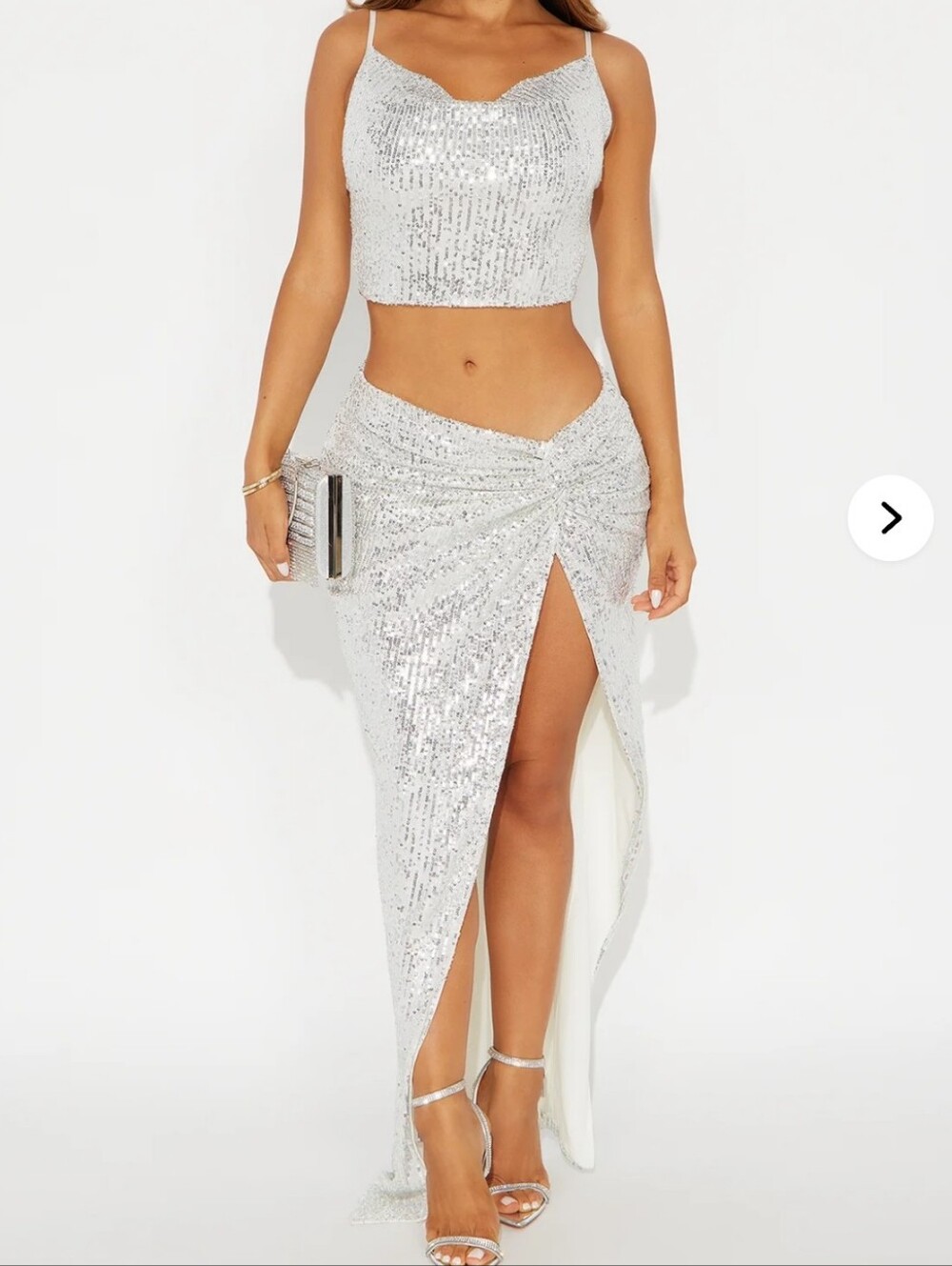 Fashion Nova Silver Sequin Twist Ruched Crop Top & High-Slit Maxi Skirt Set